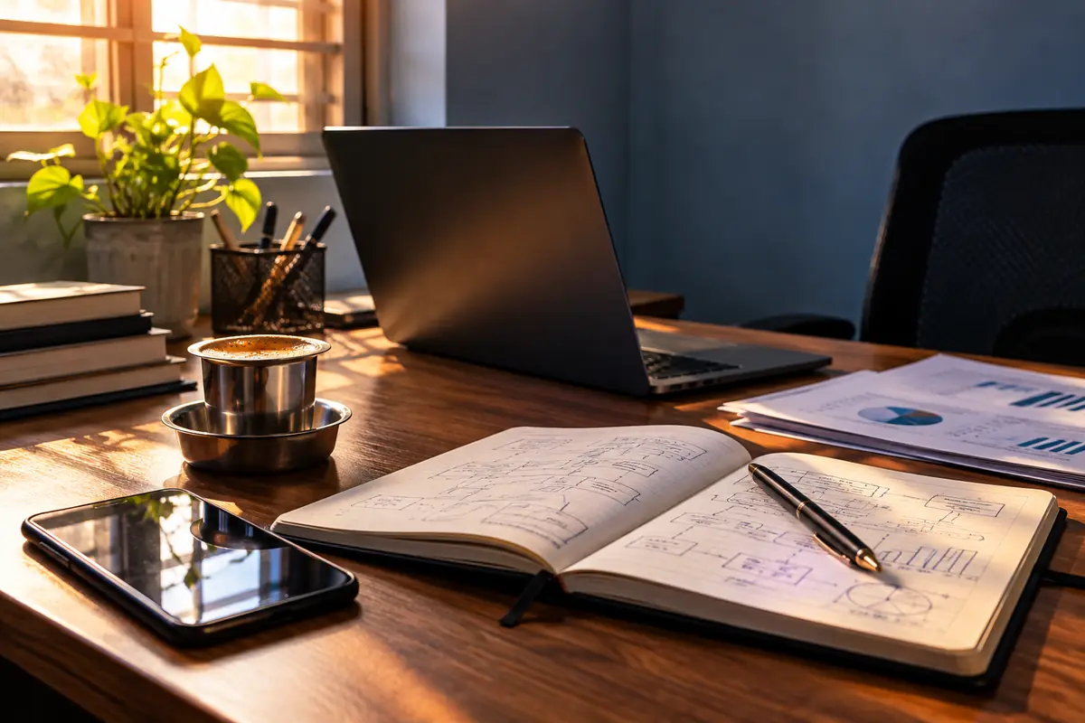 A working desk with a laptop, notebook of plans and a steel tumbler of filter coffee