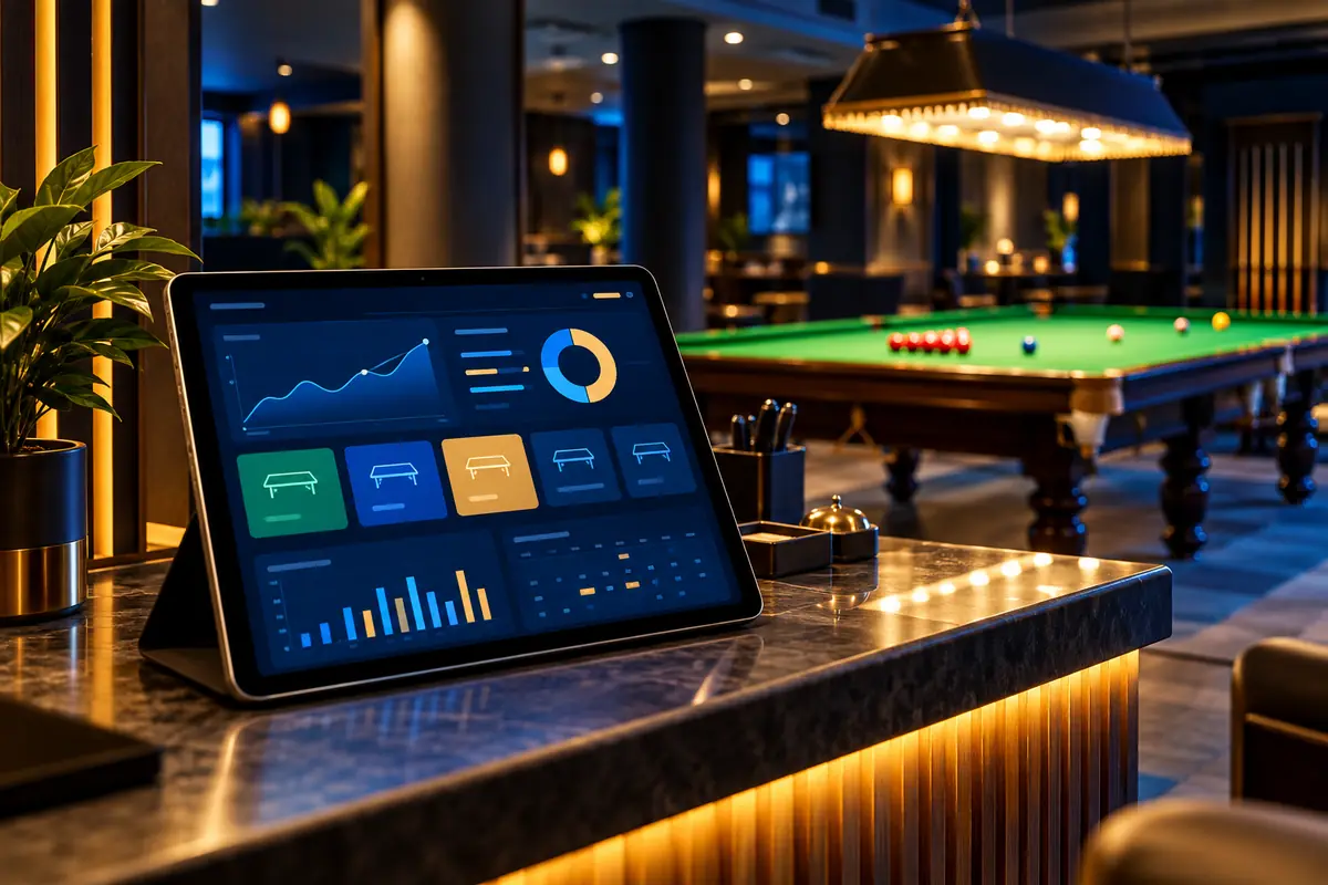 A tablet showing a sports club management dashboard