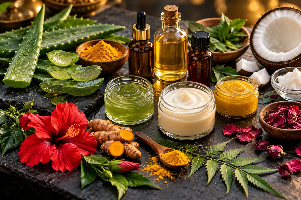 Natural skincare jars surrounded by aloe vera, turmeric, hibiscus and coconut