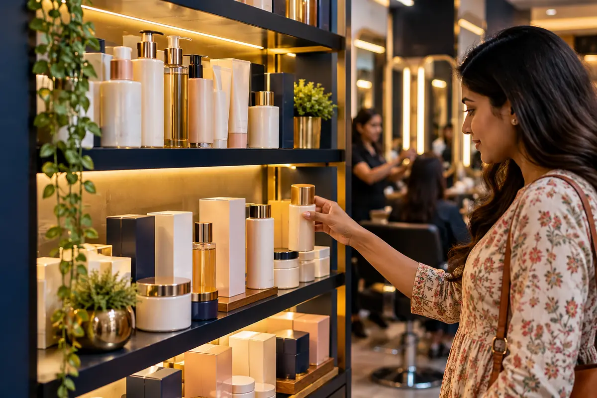 A shopper picking a product from a display shelf in a salon