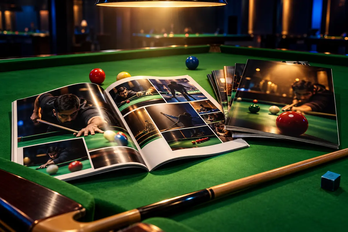 Copies of a cue sports magazine on a snooker table