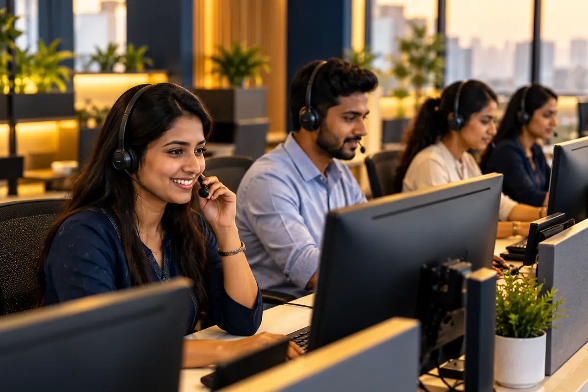 Customer support team with headsets at work